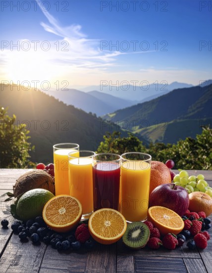 Fresh fruit juices in glasses, surrounded by colorful fruits, showcasing healthy drinking and eating, fitness and wellness lifestyle, AI generated