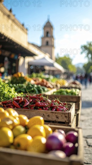 Traditional Mexican plaza with crates of peppers, onions, and tomatoes, economic prosperity in local trade, travel destination in America, AI generated