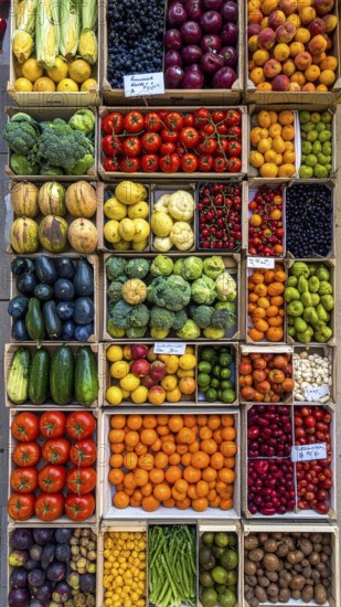 Fresh fruits and vegetables in a market display, aerial view perpendicular top down, healthy eating and lifestyle, AI generated