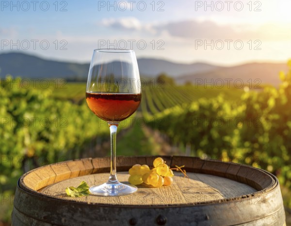 A glass of 10-year-old tawny wine placed on a barrel in a vineyard restaurant, vineyard landscape in blurred background, AI generated