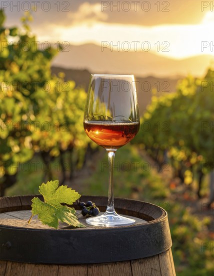 A glass of 10-year-old tawny wine placed on a barrel in a vineyard restaurant, vineyard landscape in blurred background, AI generated