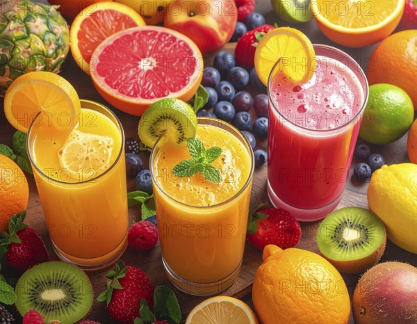 Fresh fruit juices in glasses, surrounded by colorful fruits, showcasing healthy drinking and eating, fitness and wellness lifestyle, AI generated