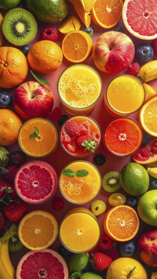 Fresh fruit juices in glasses, surrounded by colorful fruits, showcasing healthy drinking and eating, fitness and wellness lifestyle, AI generated