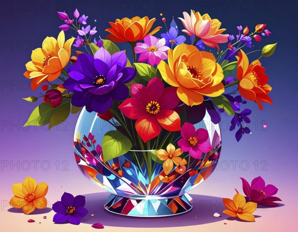 Crystal glass vase with vibrant blooming flowers, vibrant vector drawing illustration for fresh spring background, AI generated