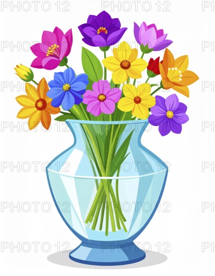 Crystal glass vase with vibrant blooming flowers, vibrant vector drawing illustration for fresh spring background, AI generated