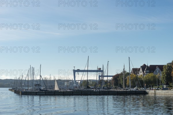 State capital Kiel, marina, shipyards, German Naval Yards, cranes, dry dock, Institute for World Economy, Kiel Fjord, Baltic Sea, Schleswig-Holstein, Germany