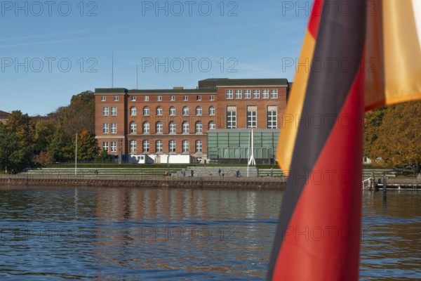 State capital Kiel, building of the Schleswig-Holstein state parliament, glass annex, glass parliament, Germany flag, steps, people, former Admiralty, Kiel Fjord, Baltic Sea, Schleswig-Holstein, Germany