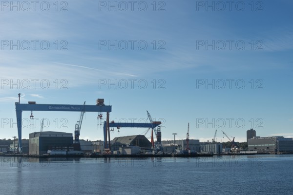 Port of Kiel, shipyards, TKMS, ThyssenKrupp Marine Systems GmbH, German Naval Yards, warehouses, dry dock, cranes, industry, Kiel Fjord, marine, technology, submarine under construction, Baltic Sea, Schleswig-Holstein, Germany