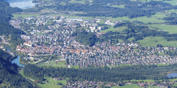 Panorama from Tegelberg, 1881m, on Füssen with historic old town, the Lech and behind it the Weissensee, Ostallgäu, Allgäu, Bavaria, Germany