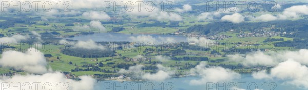Panorama from Tegelberg, 1881m, of Hopfensee, in front of Lake Forggensee, Ostallgäu, Bavaria, Germany