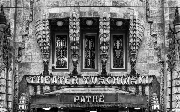 Black and white photography, Tuschinski Theatre, Pathé Tuschinski, traditional cinema in the Art Deco style of the 1920s, Reguliersbreestraat, Amsterdam, Netherlands