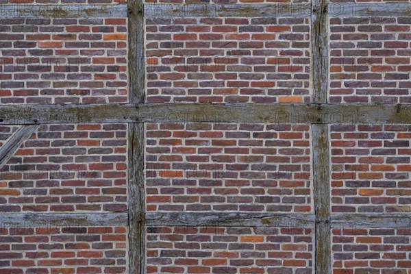 Brick wall and wooden beams on a half-timbered house, Legden, Münsterland, North Rhine-Westphalia, Germany