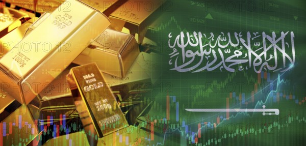 Gold bars stacked on Saudi Arabian flag. Saudi Arabia gold reserves, Concept