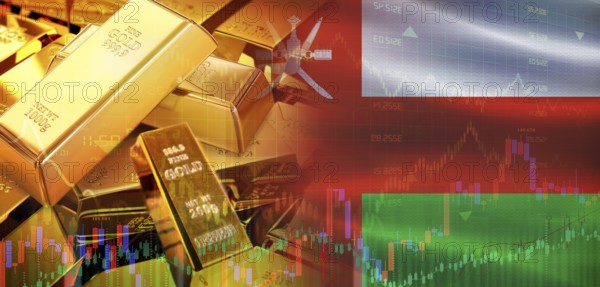 Gold bars stacked on Omani flag. Oman gold reserves, Concept