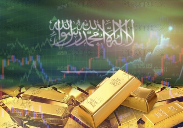 Gold bars on Saudi Arabia flag in background. Gold bars stacked on Saudi Arabian flag. Concept of Saudi Arabia gold reserves