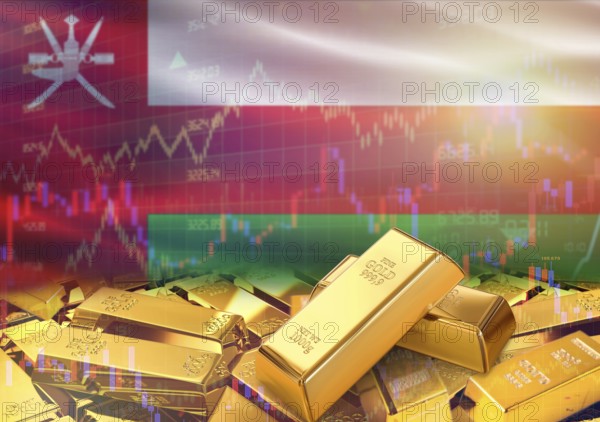 Gold bars on Oman flag in background. Gold bars stacked on Omani flag. Concept of Oman gold reserves