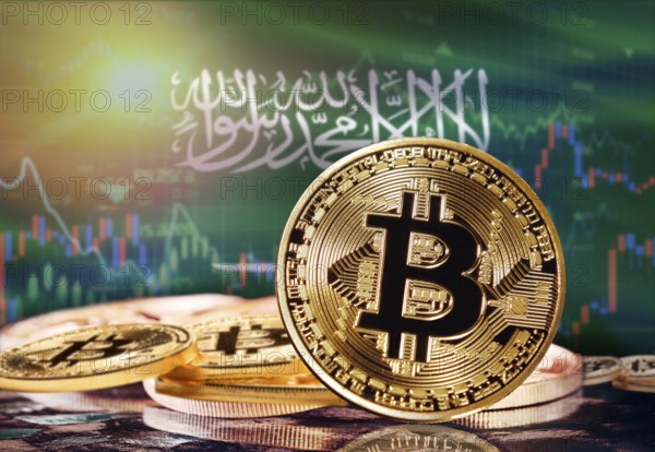 Bitcoin with Saudi Arabia flag in the background. Investors in cryptocurrency and Blockchain Technology in Saudi Arabia, Concept