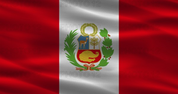 Peru flag with fabric texture. Realistic flag of Peru waving