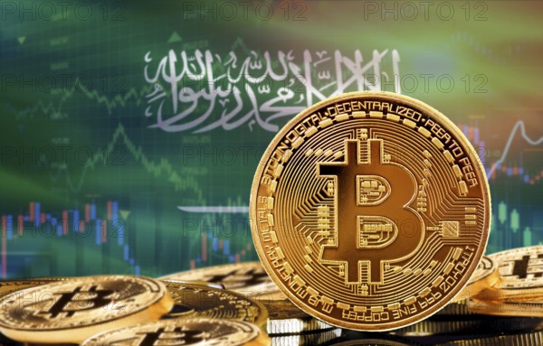 Investors in cryptocurrency and Blockchain Technology in Saudi Arabia, Concept. Bitcoin with Saudi Arabia flag in the background