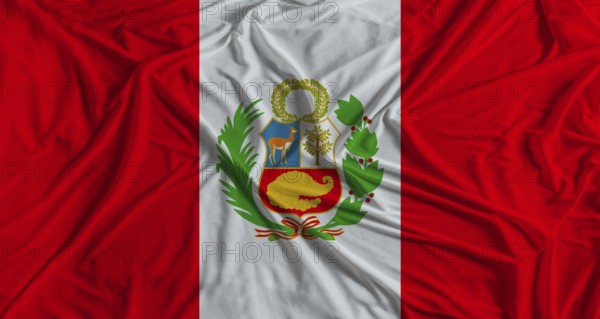 Peruvian flag with fabric texture background. National flag of Peru