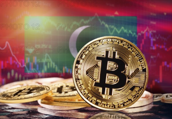 Bitcoin with Maldives flag in the background. Investors in cryptocurrency and Blockchain Technology in Maldives, Concept