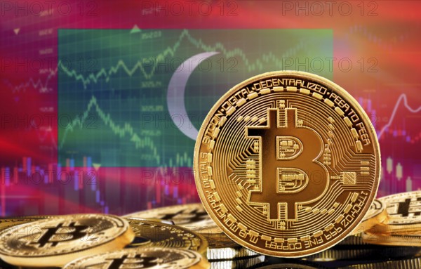 Investors in cryptocurrency and Blockchain Technology in Maldives, Concept. Bitcoin with Maldives flag in the background