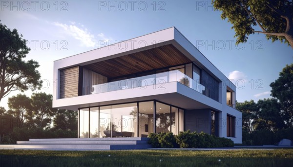 Modern residential house with green garden, simple geometric architecture, clear blue sky in the evening sunset, symbol for a real estate lifestyle, AI generated