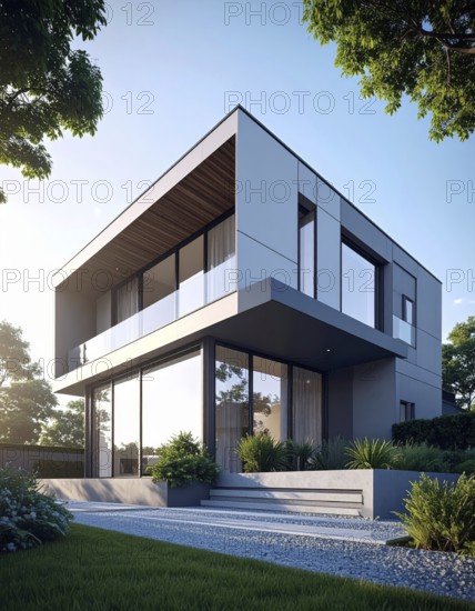Modern residential house with green garden, simple geometric architecture, clear blue sky in the evening sunset, symbol for a real estate lifestyle, AI generated