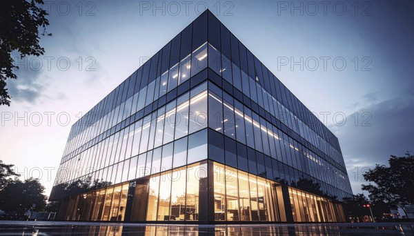 Modern building reflecting sunset light at dusk. Abstract Futuristic Business Background, AI generated