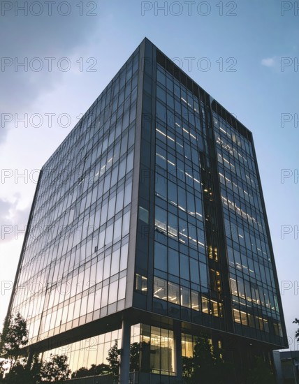 Modern building reflecting sunset light at dusk. Abstract Futuristic Business Background, AI generated