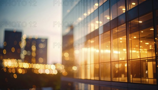 Modern building reflecting sunset light at dusk. Abstract Futuristic Business Background, AI generated