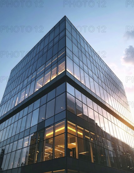 Modern building reflecting sunset light at dusk. Abstract Futuristic Business Background, AI generated