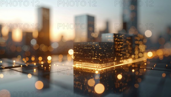 Modern building reflecting sunset light at dusk. Abstract Futuristic Business Background, AI generatedGenerated image