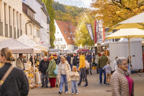 Busy street with families and stalls in an old town under autumn trees, Urschelherbst street festival, Nagold, Germany