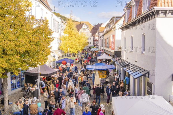 A long market street full of people in autumn surrounded by half-timbered houses and yellow trees, Urschelherbst street festival, Nagold, Germany