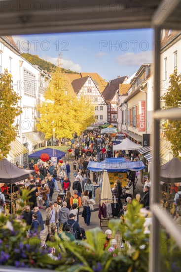 View from the window of a lively street with market stalls and an autumnal atmosphere in the old town, Urschelherbst street festival, Nagold, Germany