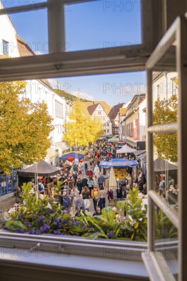 From a window you can see a lively street full of people and colorful market stalls under yellow trees, Urschelherbst street festival, Nagold, Germany