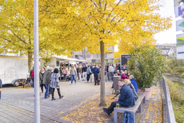 People enjoy the street party under yellow autumn trees. The street is lively and inviting, with a relaxed atmosphere, Urschelherbst Street Festival, Nagold, Germany
