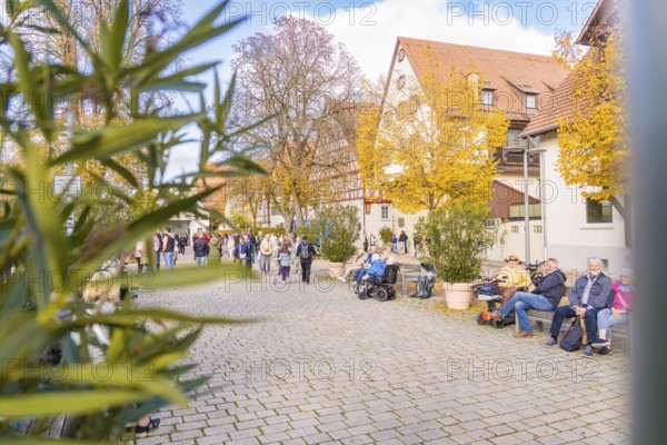 People enjoy a quiet autumn day in the park on benches along a paved path, Urschelherbst street festival, Nagold, Germany
