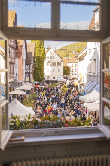 Observer's view from the window of a busy street with market stalls and people, framed by historic buildings, Urschelherbst street festival, Nagold, Germany