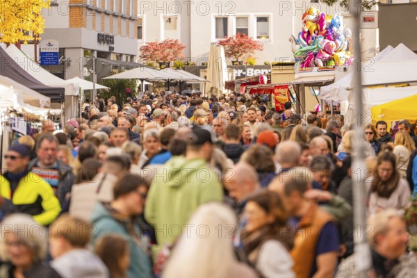 A lively market with numerous visitors and colorful stands, Urschelherbst street festival, Nagold, Germany