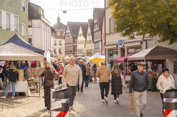 Lively market scene in a city with historic buildings and an autumn tree, Urschelherbst street festival, Nagold, Germany