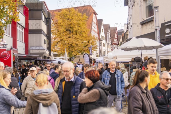 Lively pedestrian zone with autumn colors and traditional buildings, full of people, Urschelherbst street festival, Nagold, Germany