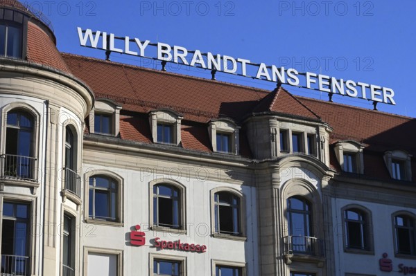 Willy Brandt lettering on the window at the hotel where Brandt visited during GDR times and showed himself at the window