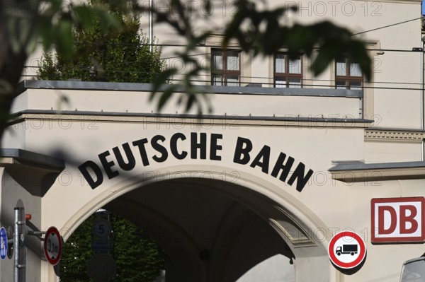 Deutsche Bahn logo on an archway near the main train station in Erfurt