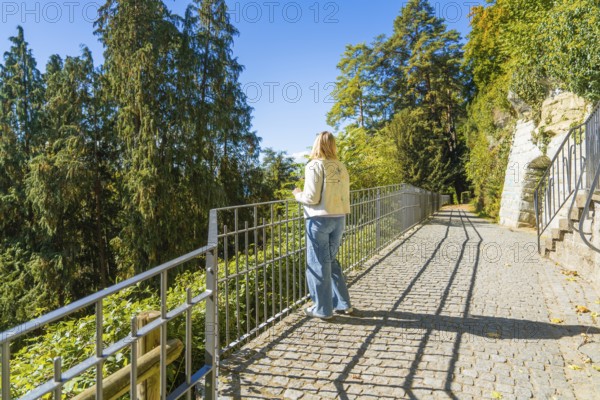 A person stands on a path and looks at a wooded landscape, Überlingen, Lake Constance, Germany