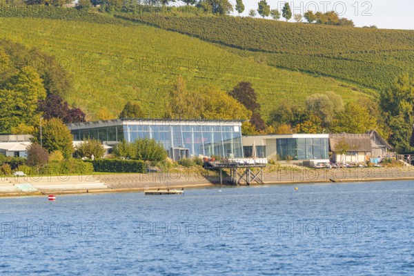 Modern buildings with glass façade nestled in green hills by the water, Überlingen, Lake Constance, Germany