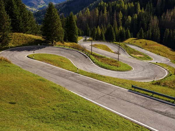 Pass road with many hairpin curves, Dolomite Road, Passo Pordoi, Dolomites, Alps, Belluno province, Veneto region, Italy