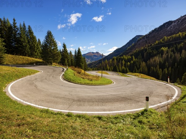 Hairpin curve on a mountain pass, Dolomite road, Passo Pordoi, Dolomites, Alps, Belluno province, Veneto region, Italy