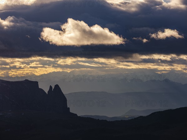 View of the Sciliar under dark clouds, Dolomites, Trentino, South Tyrol, Italy